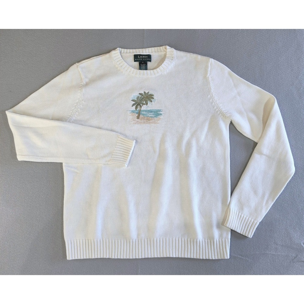 Lauren Ralph Lauren Coastal Palm Tree Sweater M Cotton Preppy Tropical White